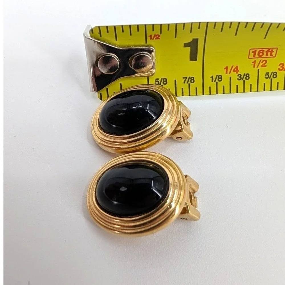 Vintage Christian Dior Black Cabochon Clip Earrings Gold Tone Oval 1980s‎ Signed - Picture 8 of 8